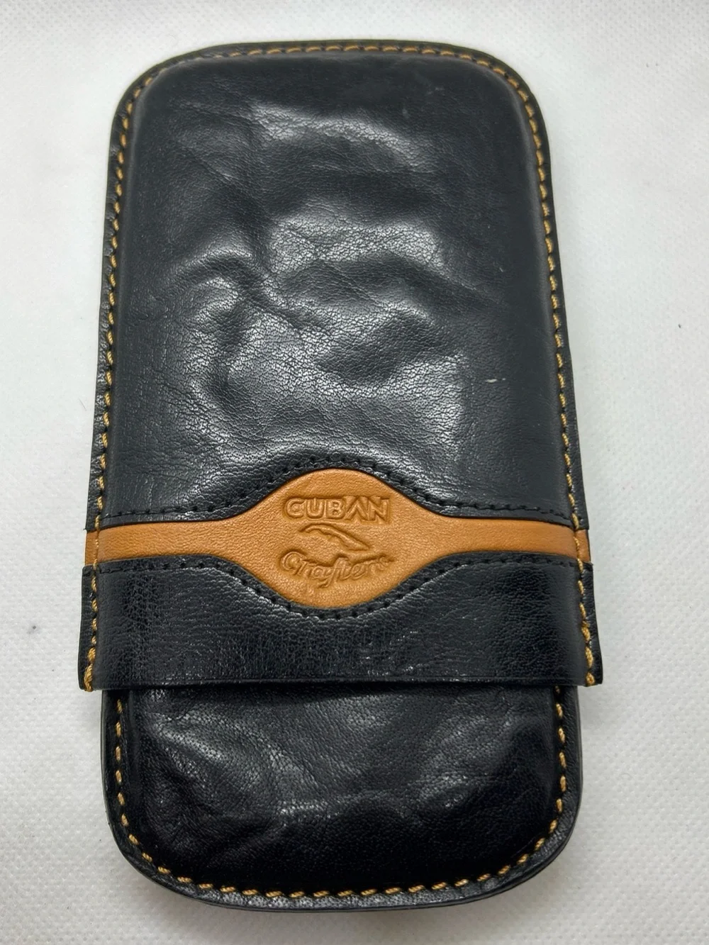 Black and Tan Leather 3 finger Cigar Case Cuban Crafters vintage smoking gift